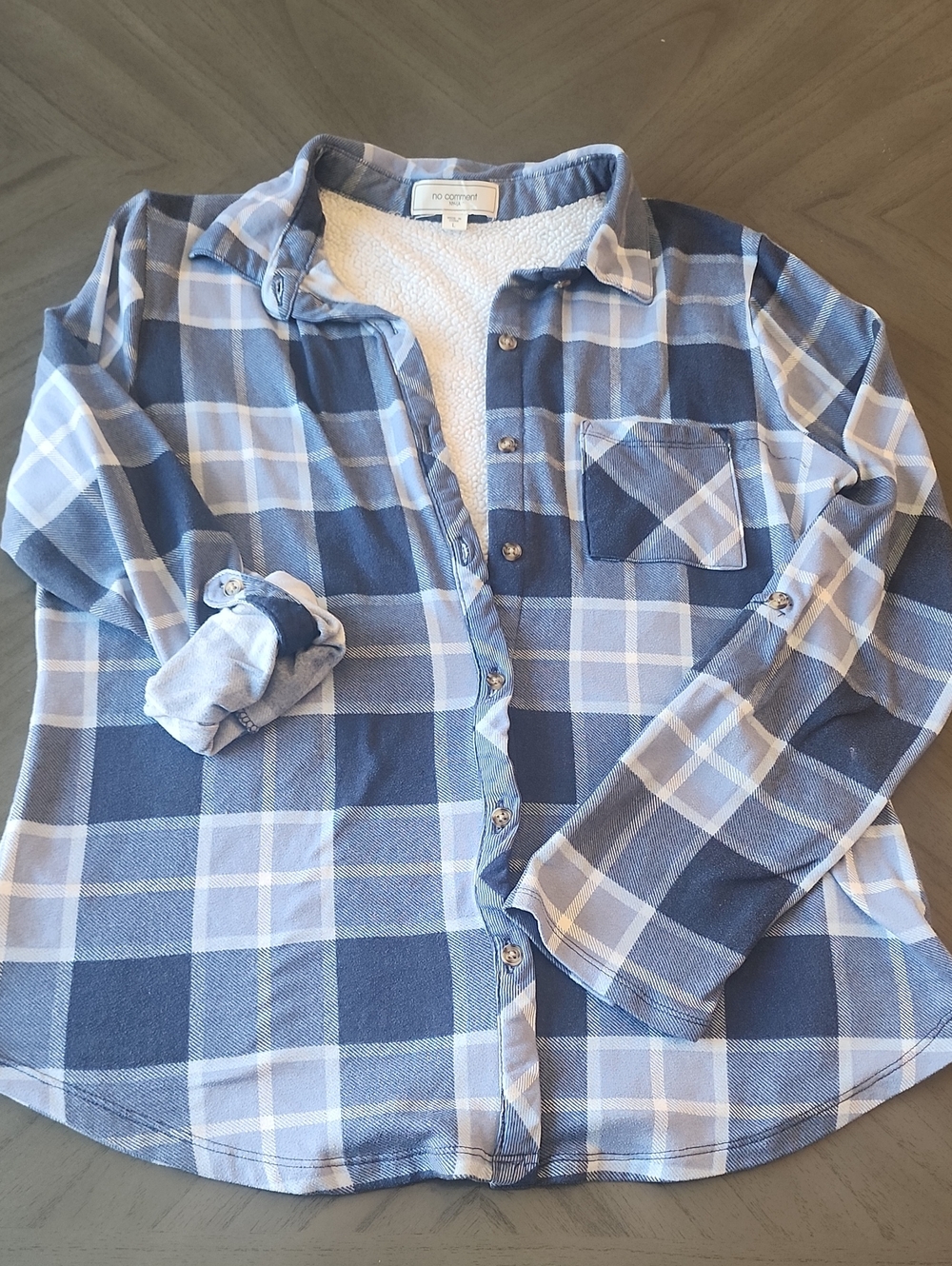 No Comment NY LA Blue Plaid Flannel Shirt Womenr's Size L